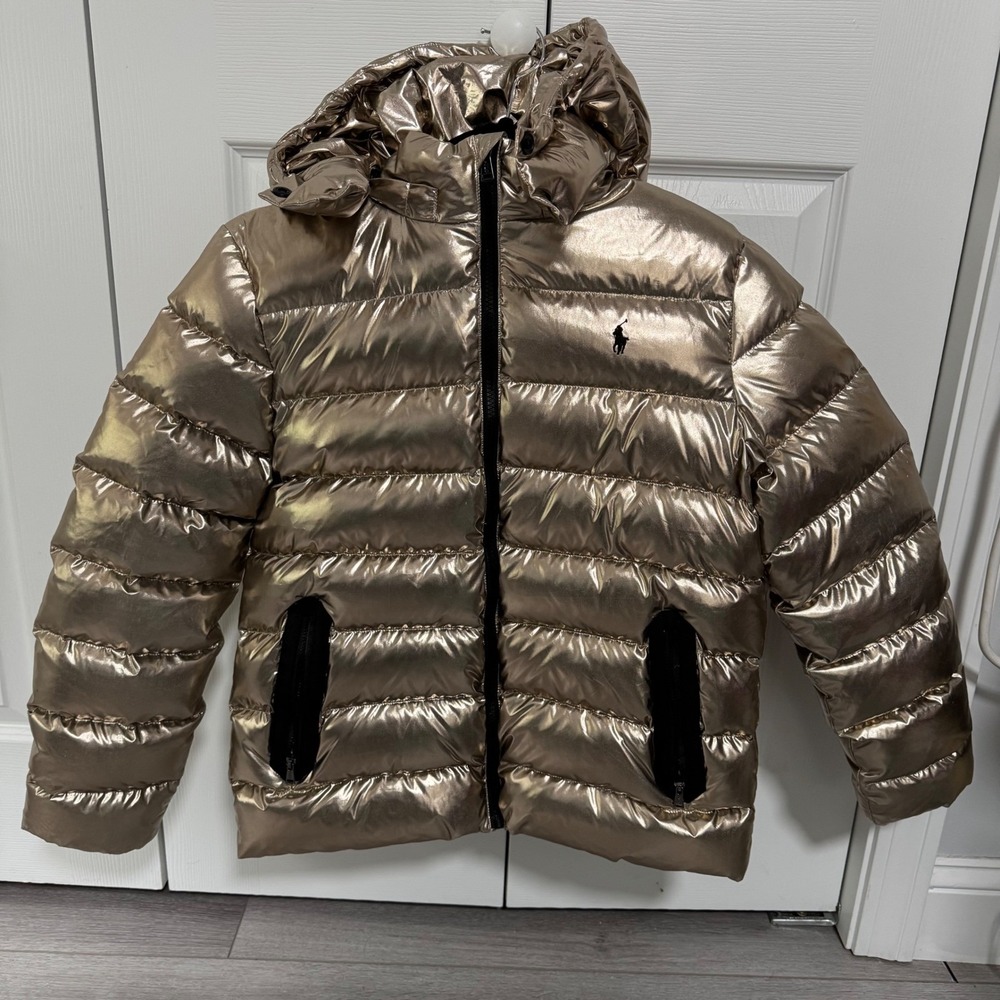 Polo Ralph Lauren Kids Metallic Gold Puffer Jacket Detachable Hood Size XL 16